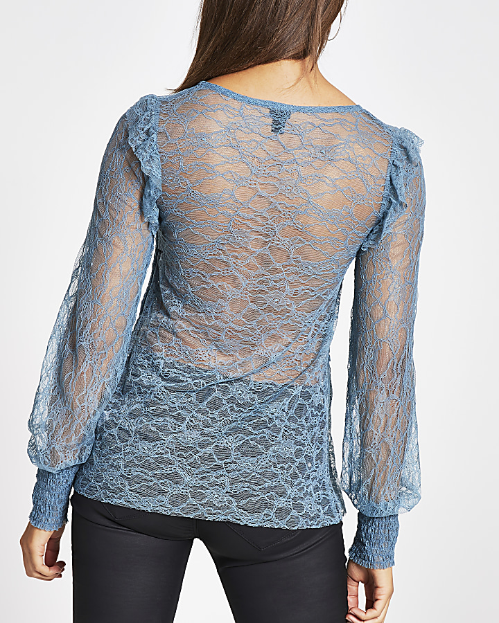 Blue shirred long sleeve lace top
