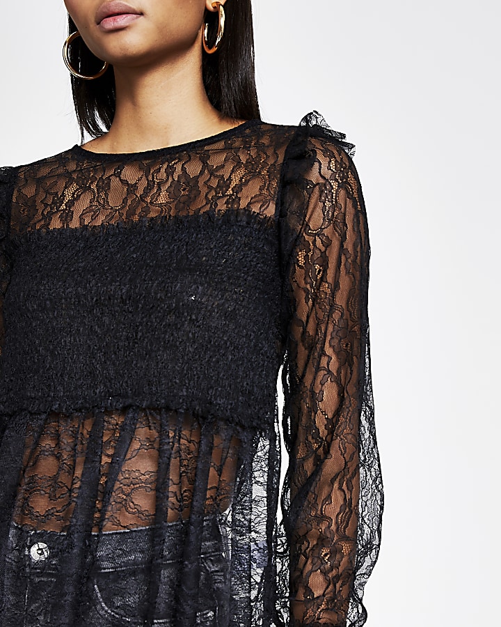 Black shirred long sleeve lace top