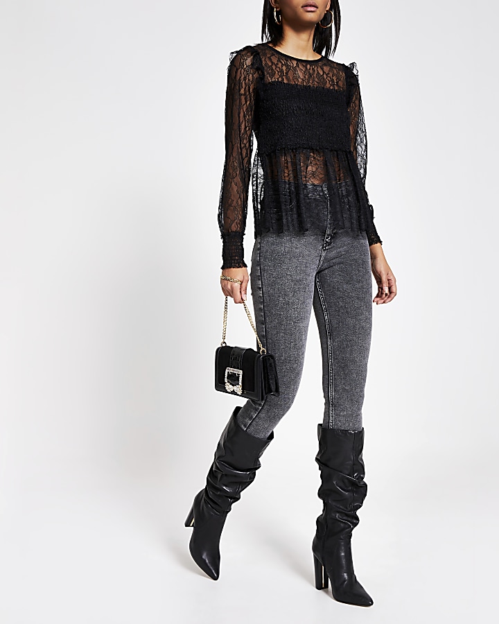 Black shirred long sleeve lace top