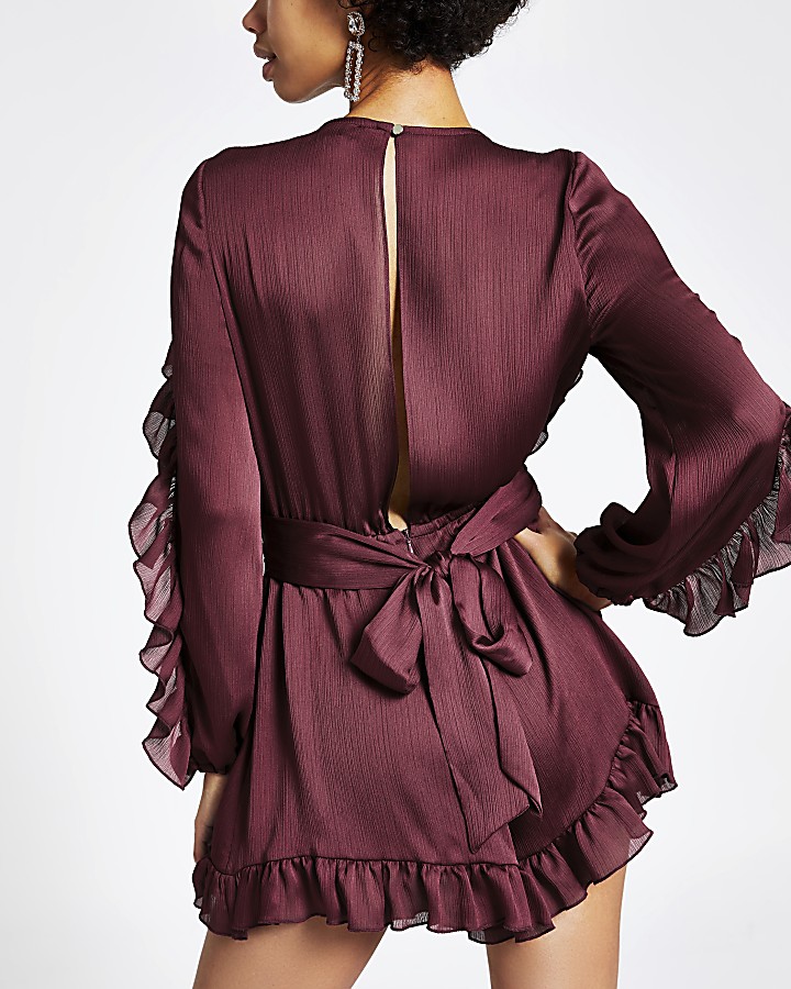 Red long sleeve ruffle satin playsuit