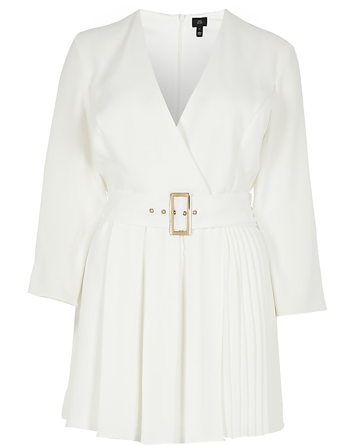 White pleated long sleeve belted playsuit