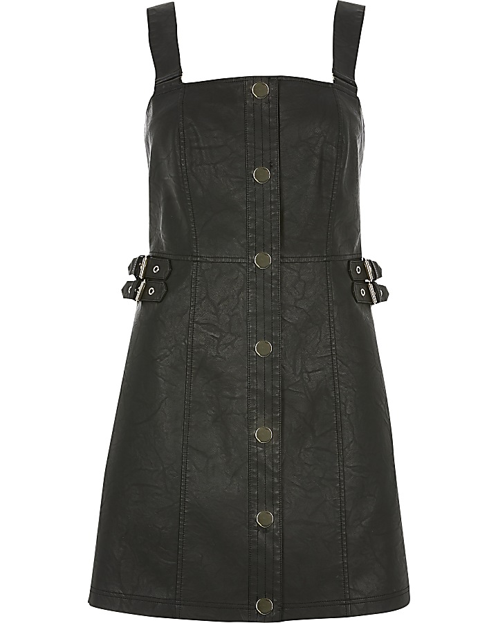 Black faux leather pinafore mini dress