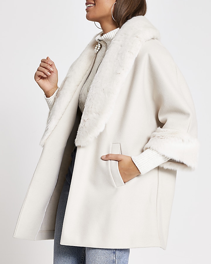 Cream faux fur collar swing coat