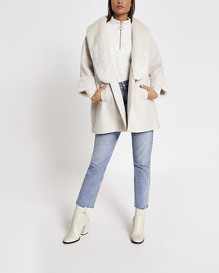 Cream faux fur collar swing coat