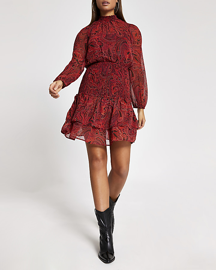 Red paisley shirred waist mini dress
