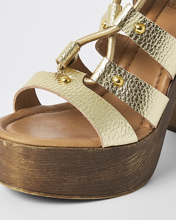 Gold leather tie up platform sandals