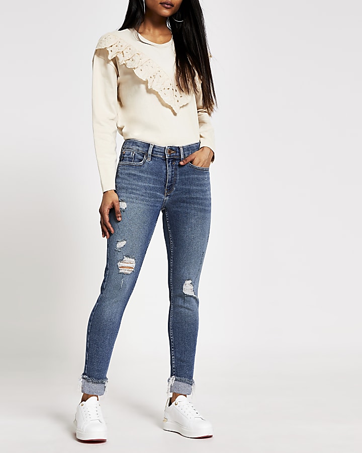 Petite blue ripped Amelie super skinny jeans