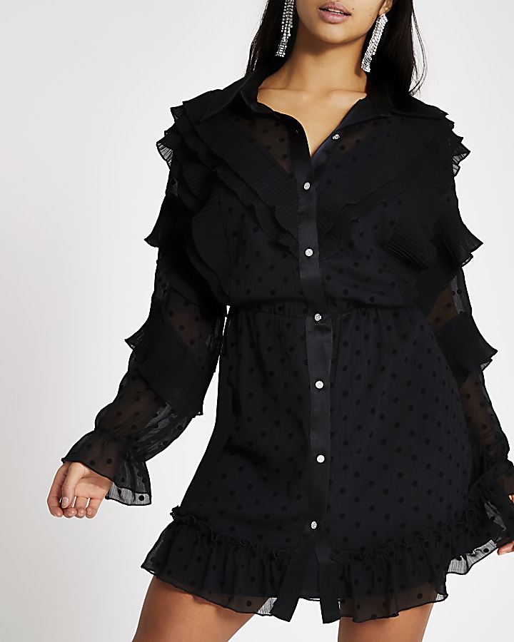 Petite black polka dot ruffle shirt dress