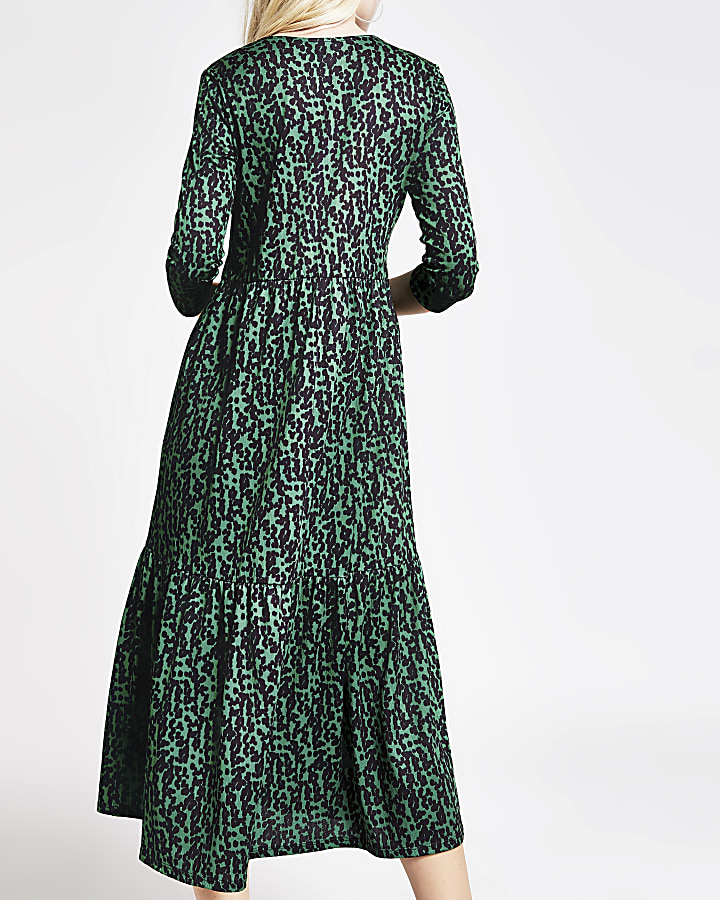 Green printed long sleeve midi smock dress
