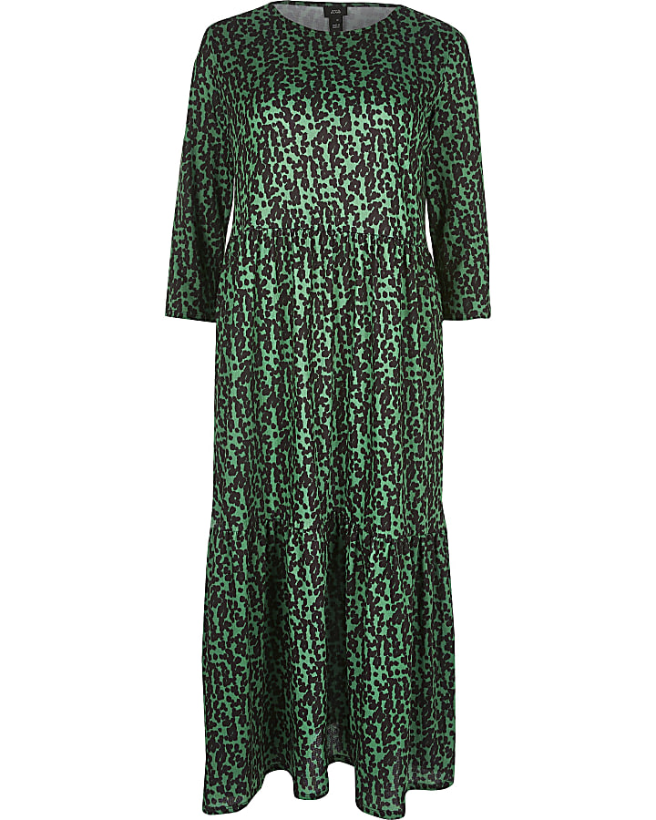 Green printed long sleeve midi smock dress
