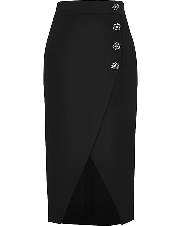 Petite black embellished pencil midi skirt