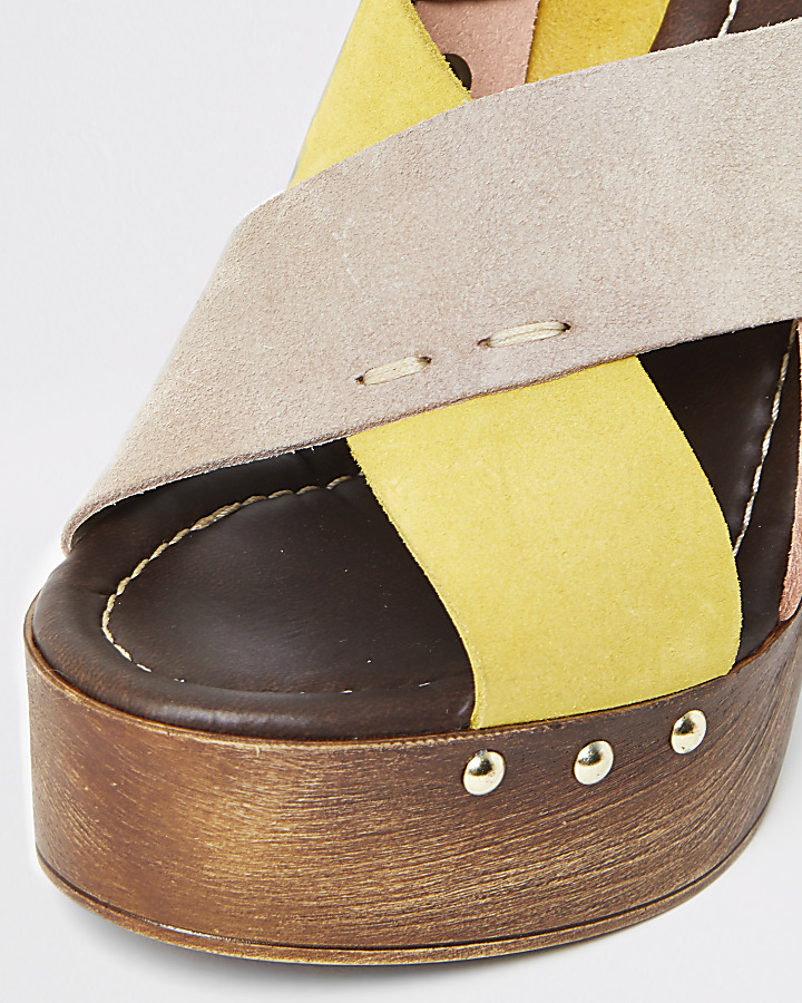 Yellow leather cross strap platform sandals