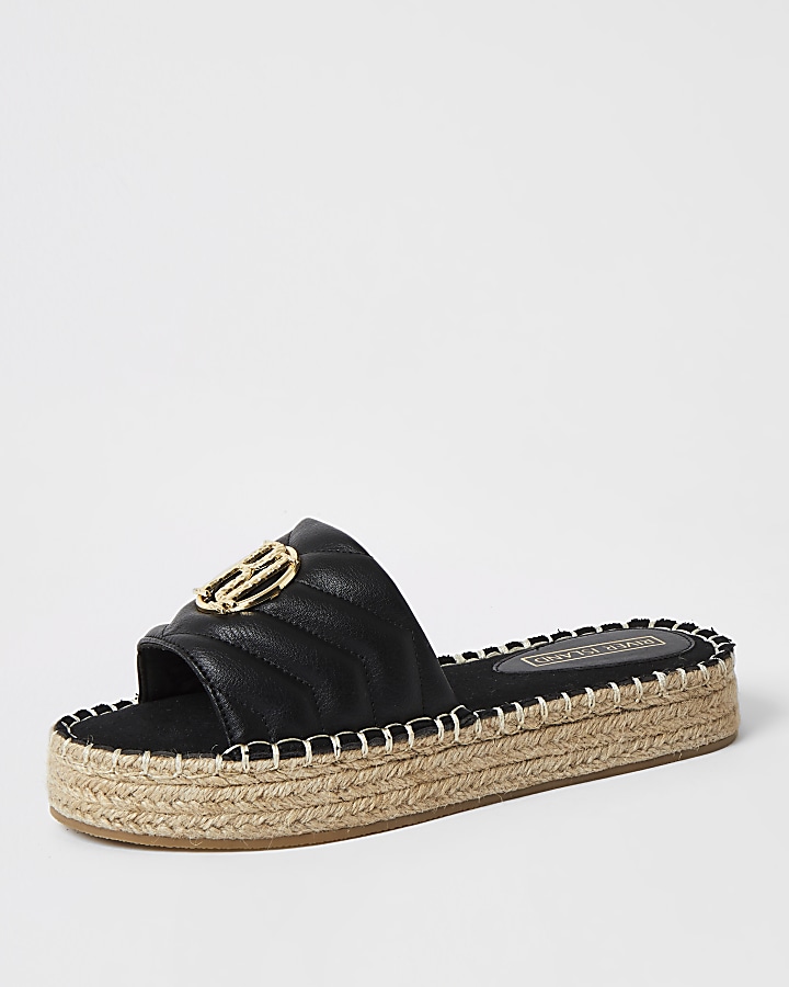 Black quilted espadrille Flatform sandal