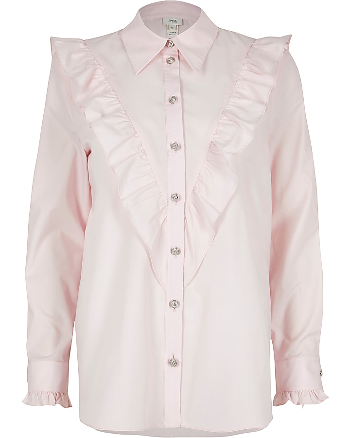 Pink long sleeve frill front shirt