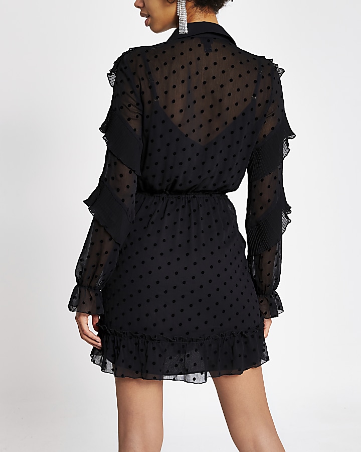 Black polka dot mesh ruffle frill shirt dress