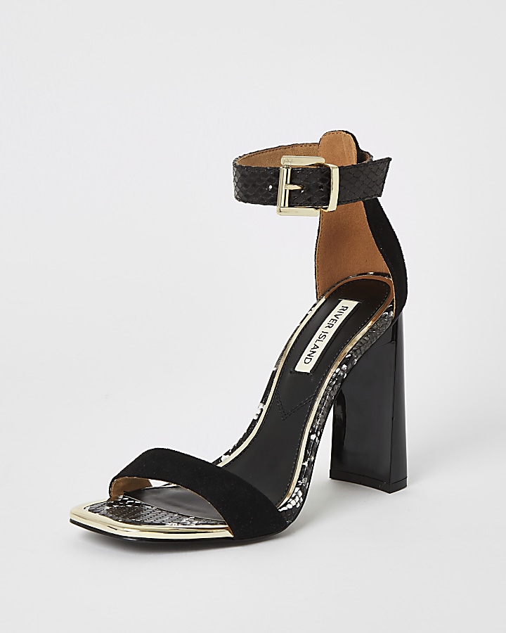 Black barely there square toe heeled sandals