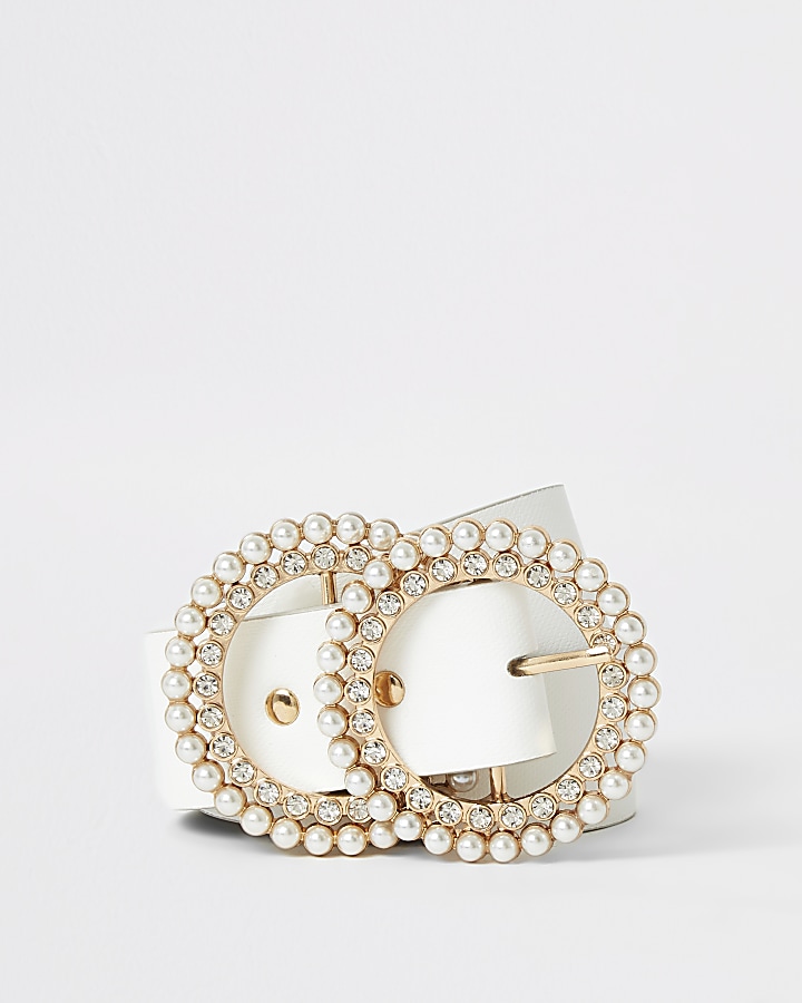 White pearl and diamante double ring belt