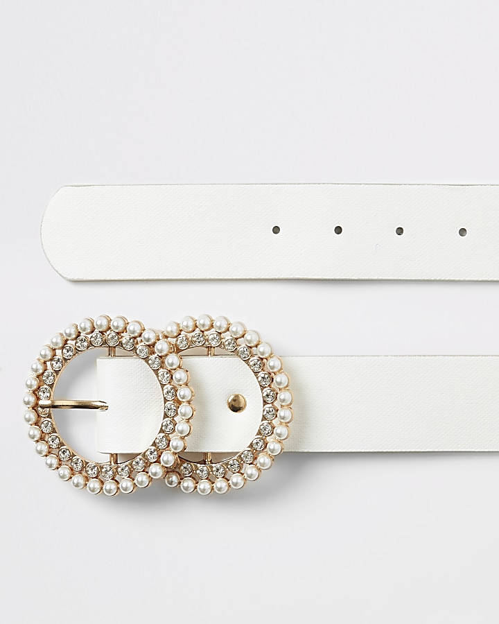 White pearl and diamante double ring belt