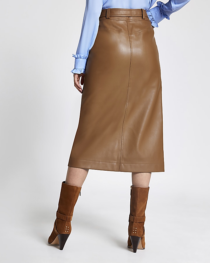 Brown faux leather zip front midi skirt