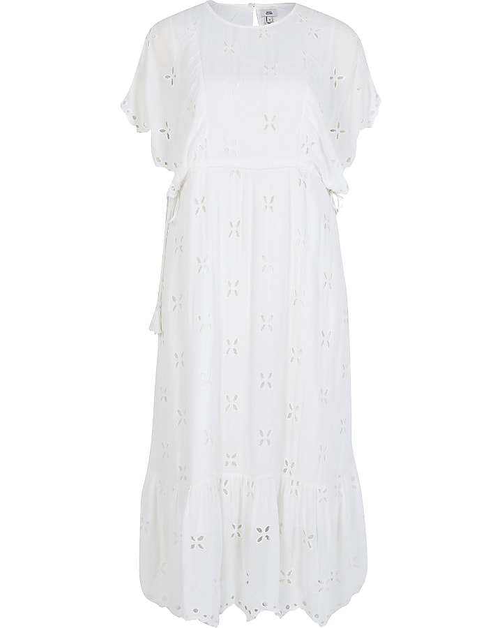 White short sleeve broderie midi dress