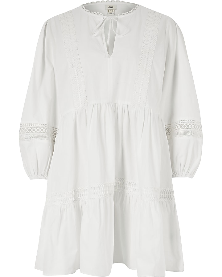 White lace embroidered mini smock dress