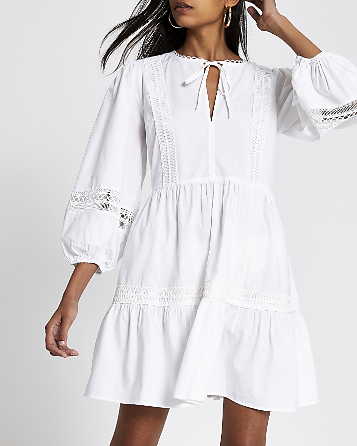 White lace embroidered mini smock dress