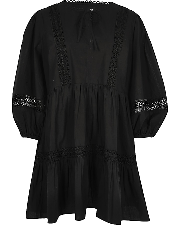 Black lace embroidered mini smock dress