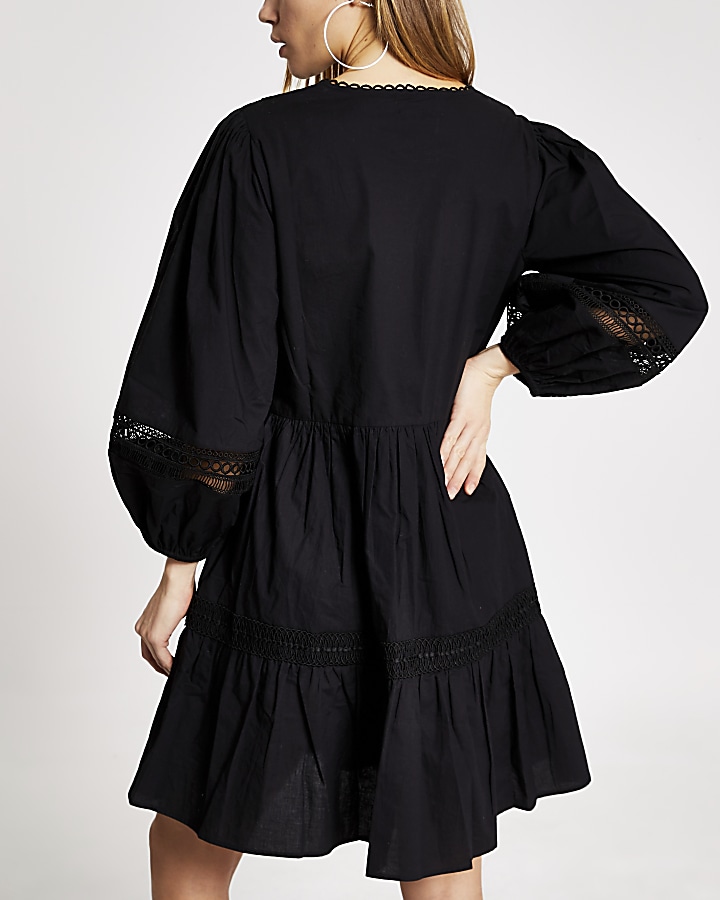 Black lace embroidered mini smock dress