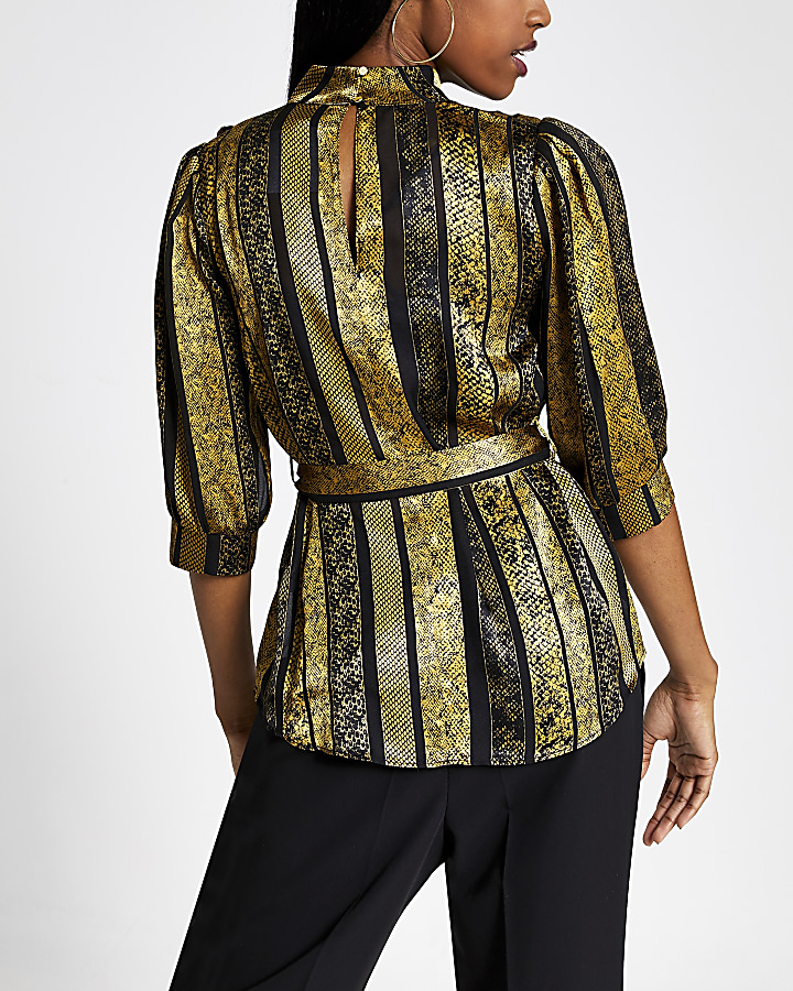 Gold printed high neck tie belted top