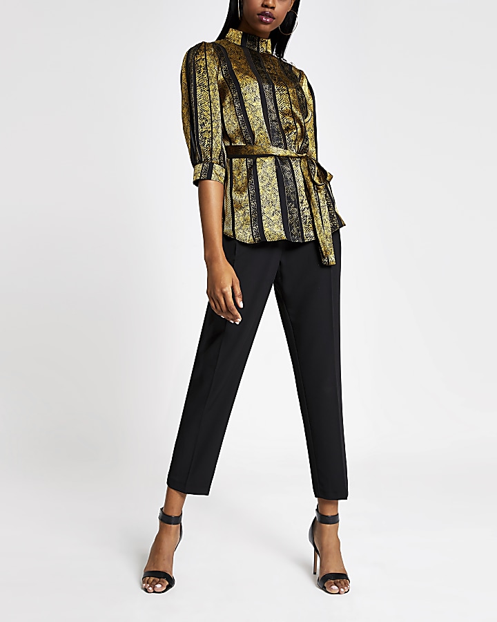 Gold printed high neck tie belted top