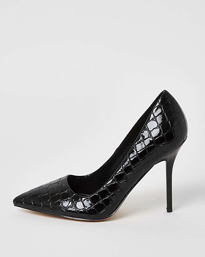 Black patent embossed wide fit court shoes