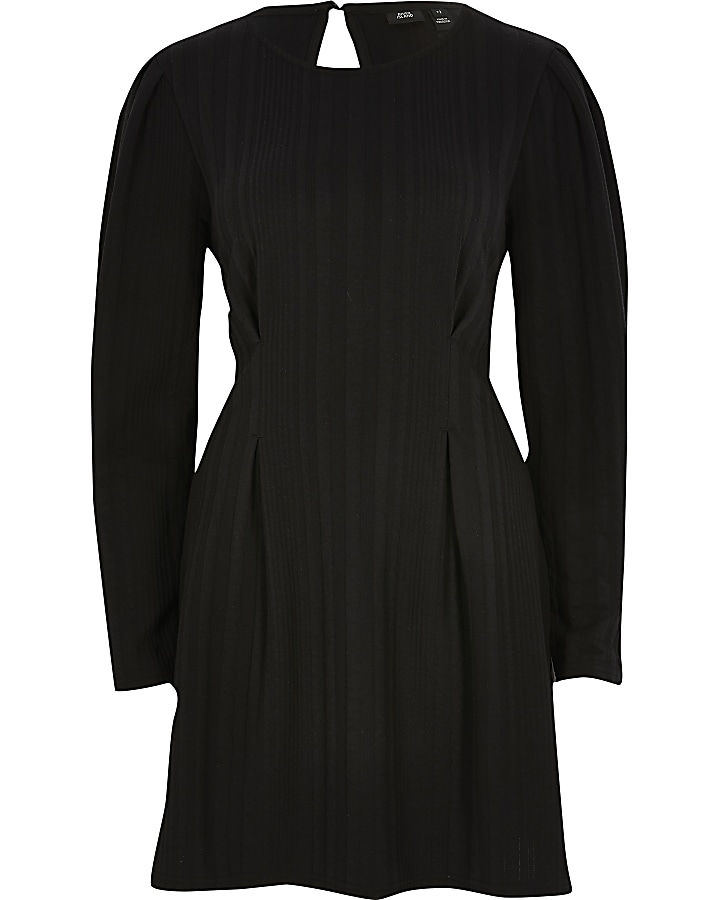Black textured waisted mini dress