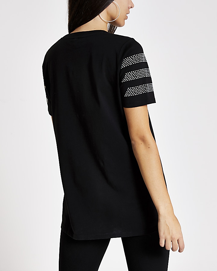 Black diamante stripe short sleeve T-shirt