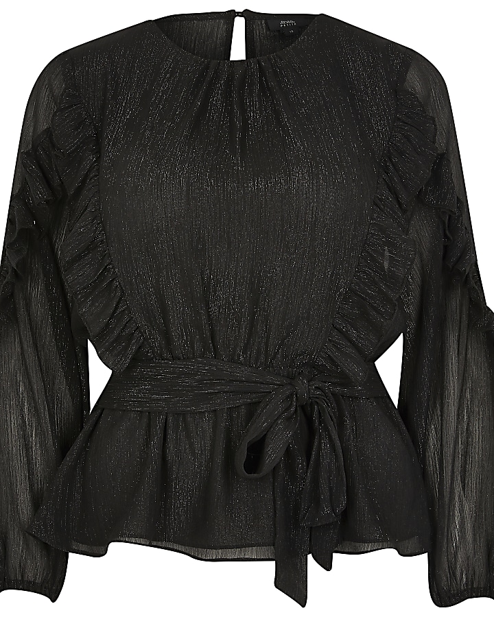 Petite black long sleeve ruffle blouse