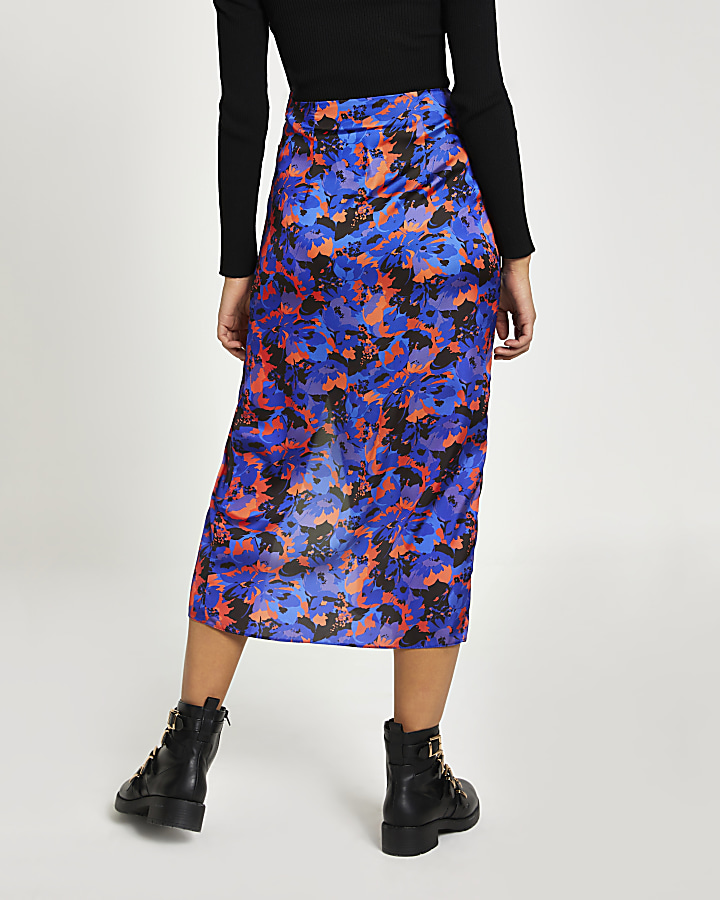 Blue floral ruched midi skirt