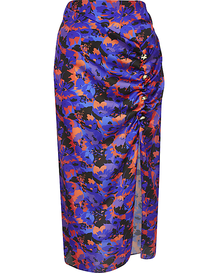 Blue floral ruched midi skirt