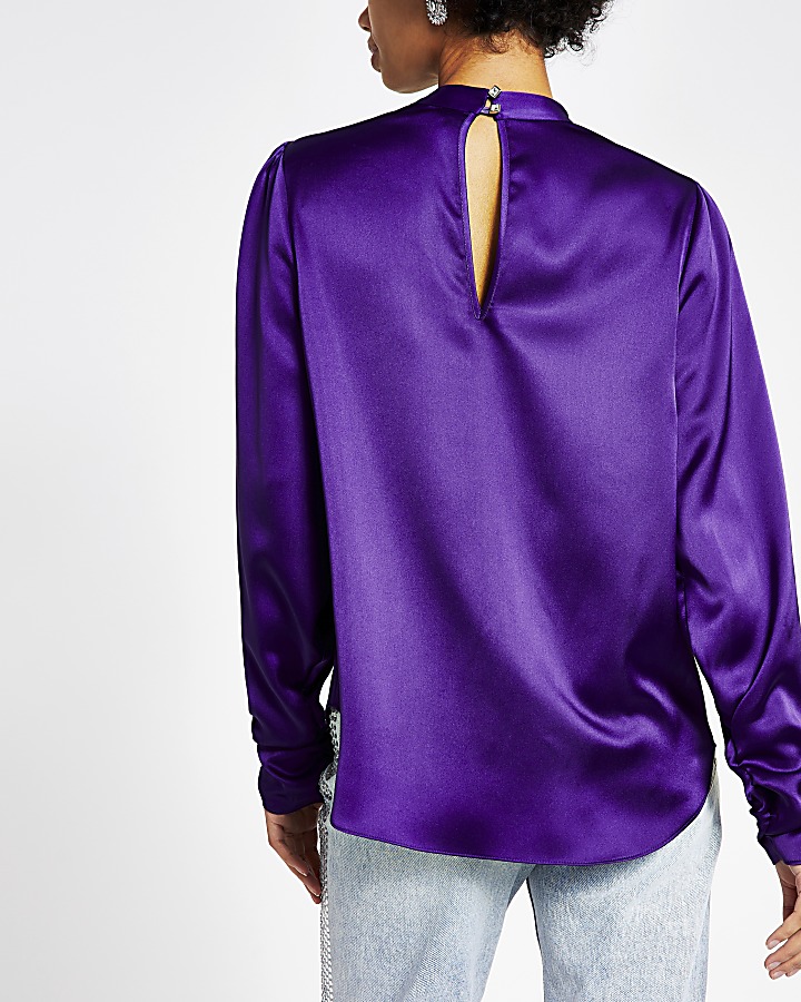 Purple long ruched sleeve diamante top