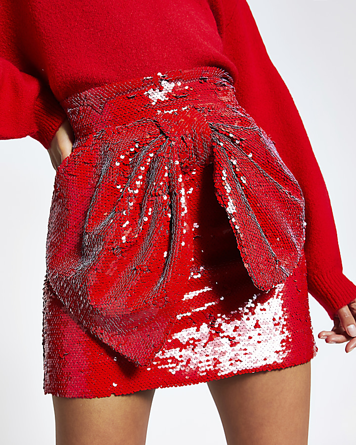 Red sequin bow front mini skirt