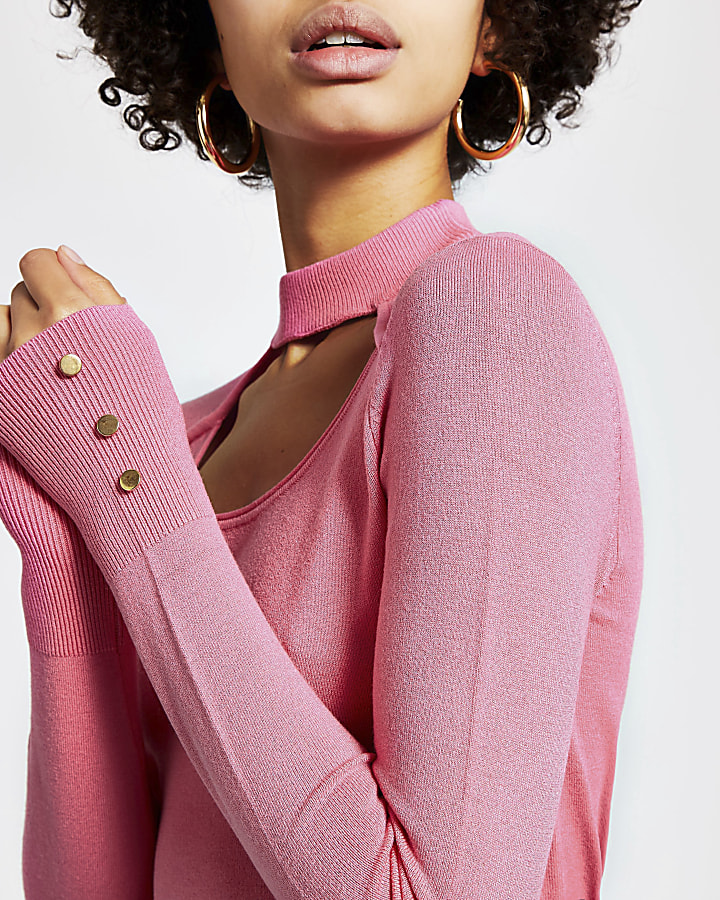 Pink cut out choker knitted jumper
