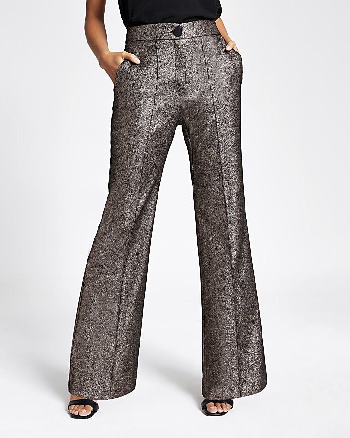 Gold metallic high rise flare trousers
