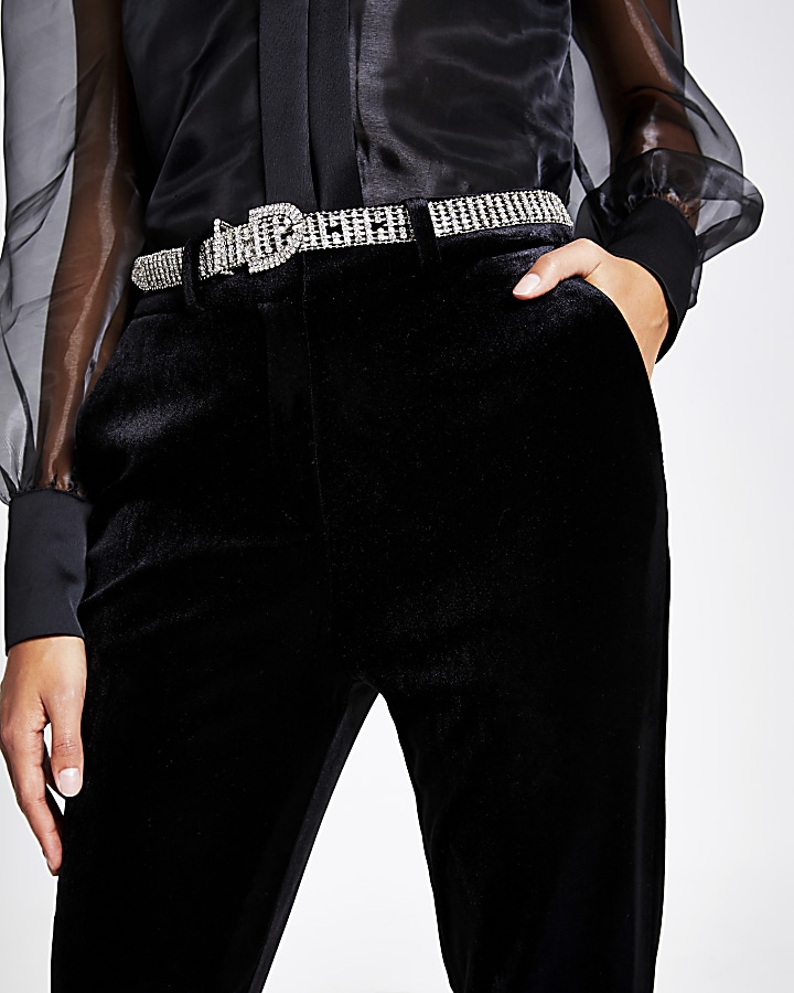 Black velvet diamante belt cigarette trousers