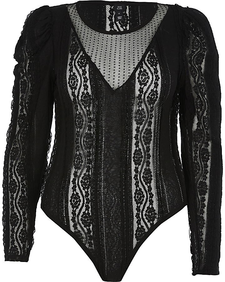 Black sheer lace long sleeve bodysuit