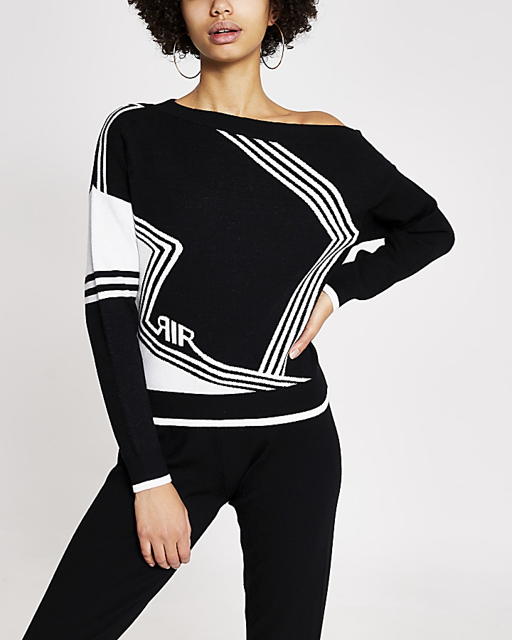 Black mono printed asymmetric knitted jumper
