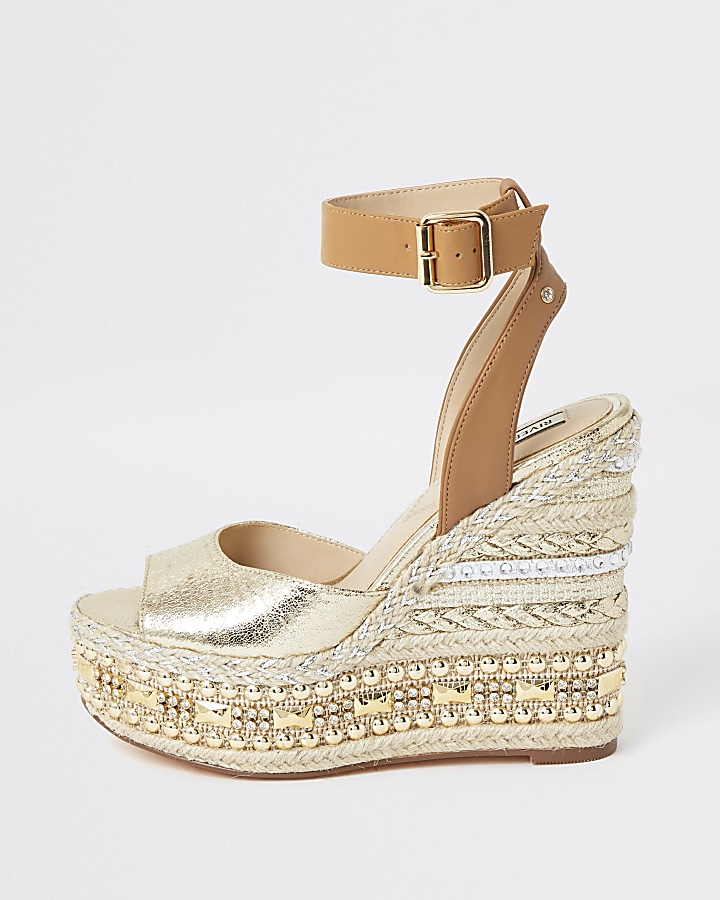 Gold embellished wedge sandals