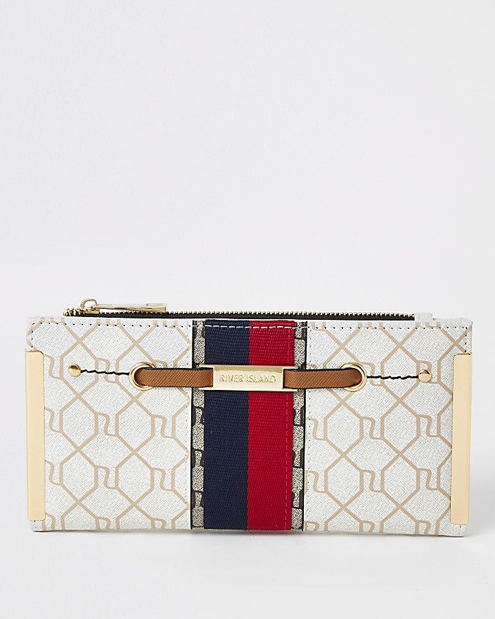Beige RI monogram stripe fold out purse