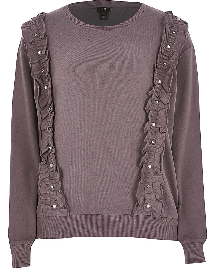 Purple embellished frill front sweatshirt