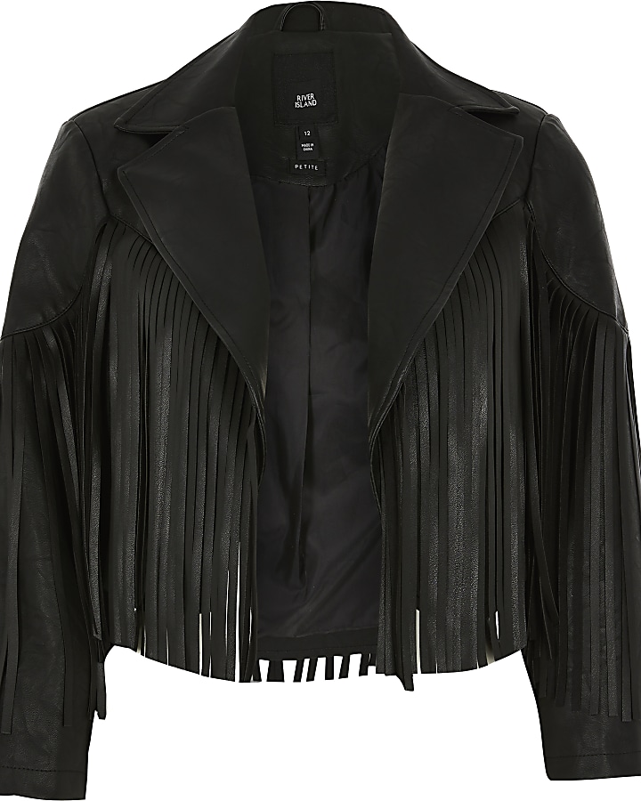Petite black faux leather fringe crop jacket