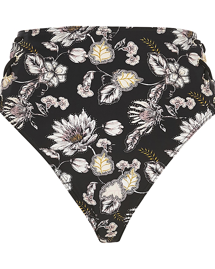 Black floral high tie waist bikini bottoms