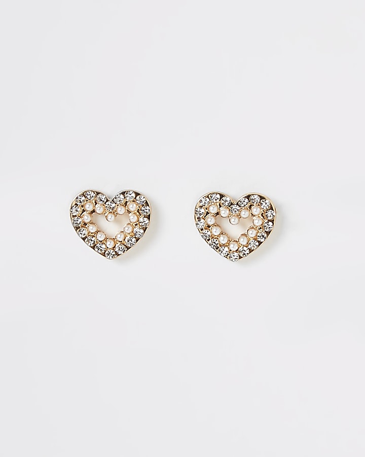 Gold colour heart diamante stud earrings