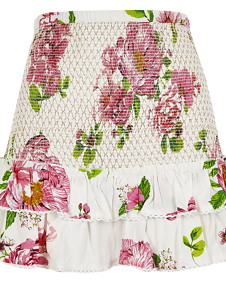 White floral shirred mini beach skirt